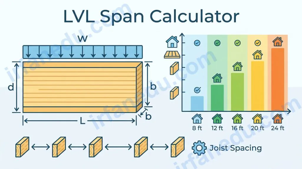 LVL span calculator tool showing beam depth result for a 16-foot floor joist span with load and spacing inputs