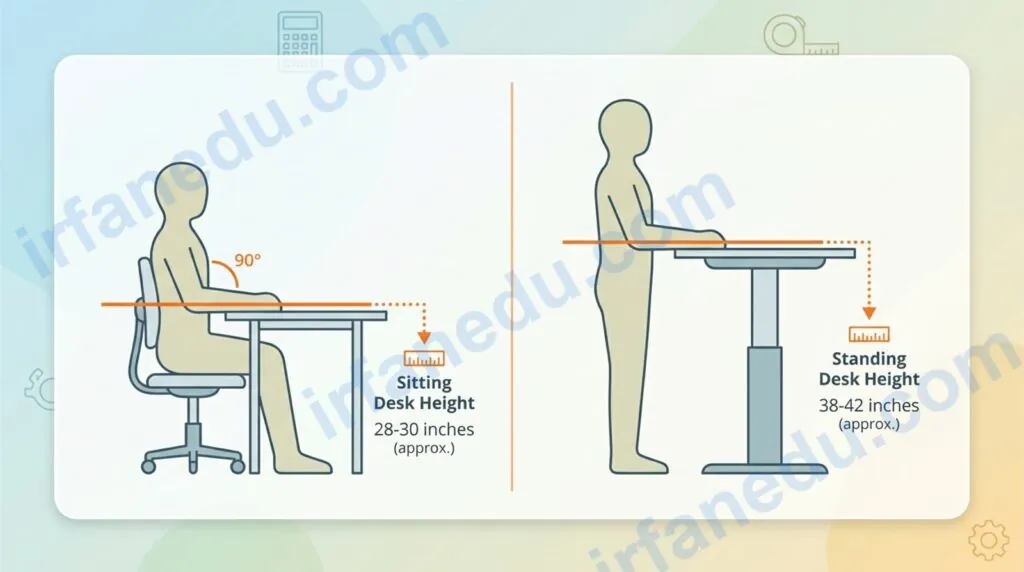 Normal desk height calculator showing sitting and standing desk height recommendations based on body measurements