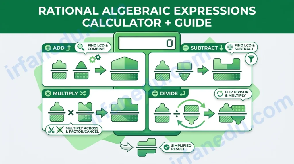 Rational algebraic expressions calculator showing step-by-step simplification of algebraic fractions on a green-themed math interface