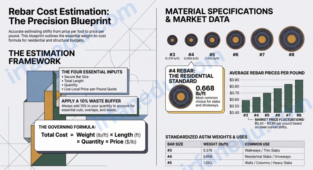 Rebar cost calculator showing steel reinforcement bars with price estimate and formula breakdown for construction projects