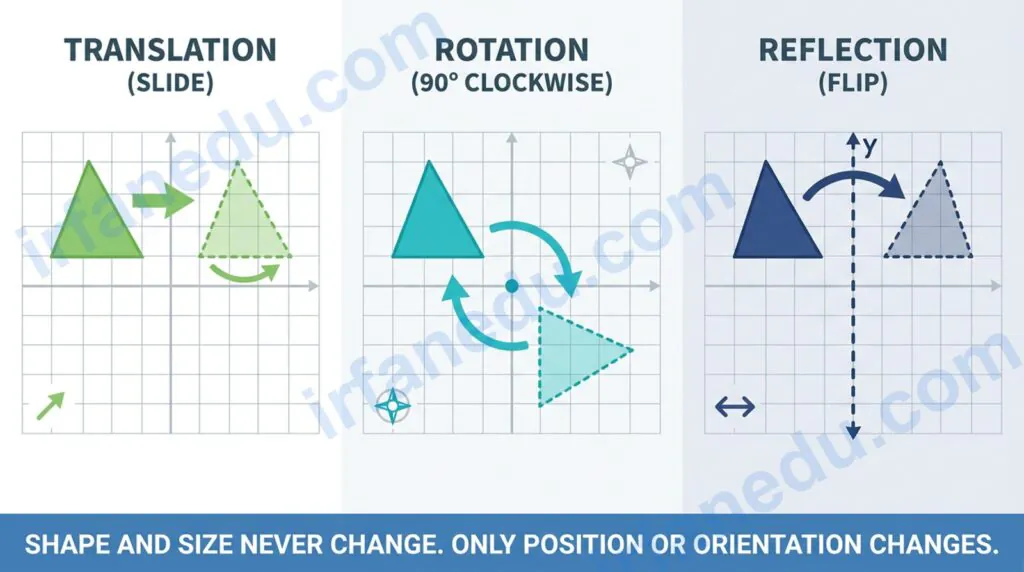 Diagram showing rigid transformation types: translation, rotation, and reflection of a triangle on a coordinate grid