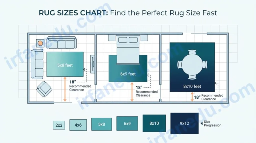 Rug sizes chart showing standard area rug dimensions for living room bedroom and dining room layouts