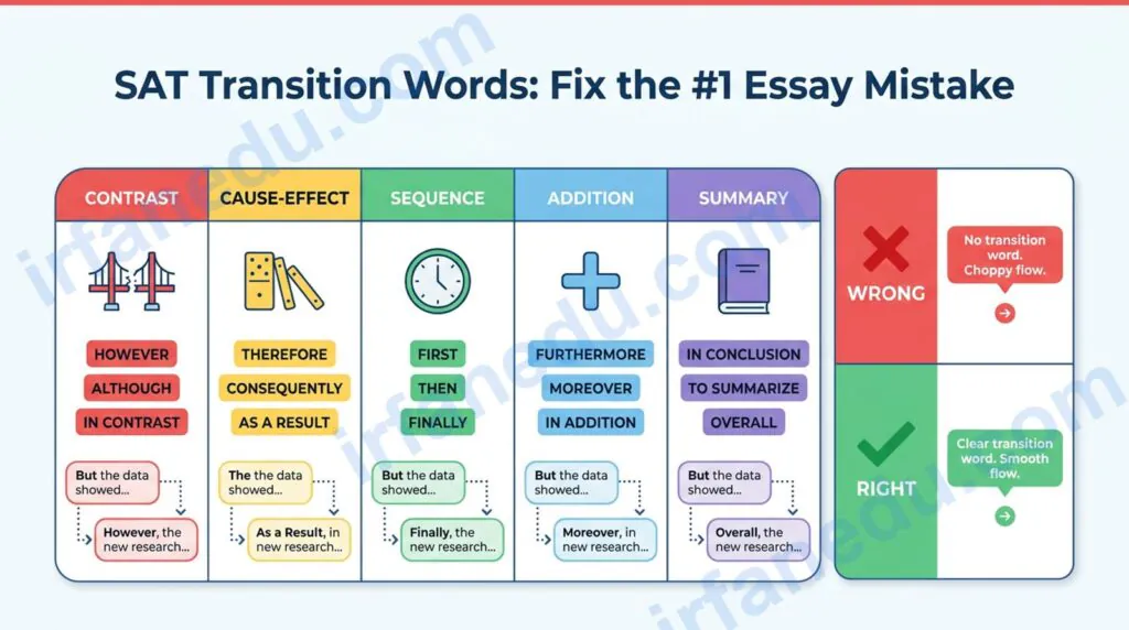 SAT transition words list and wrong-vs-right examples for Writing and Language section prep