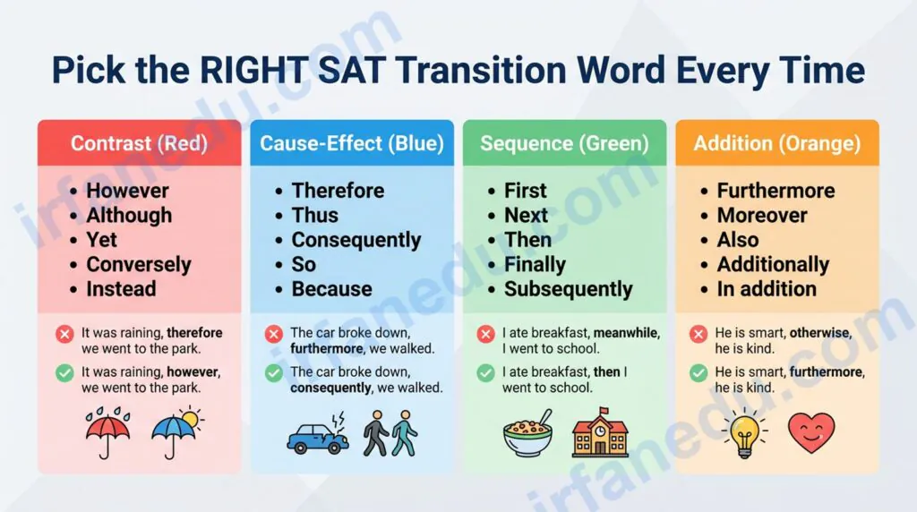 SAT transition words category chart showing contrast, cause-effect, and sequence connectors with wrong-vs-right examples