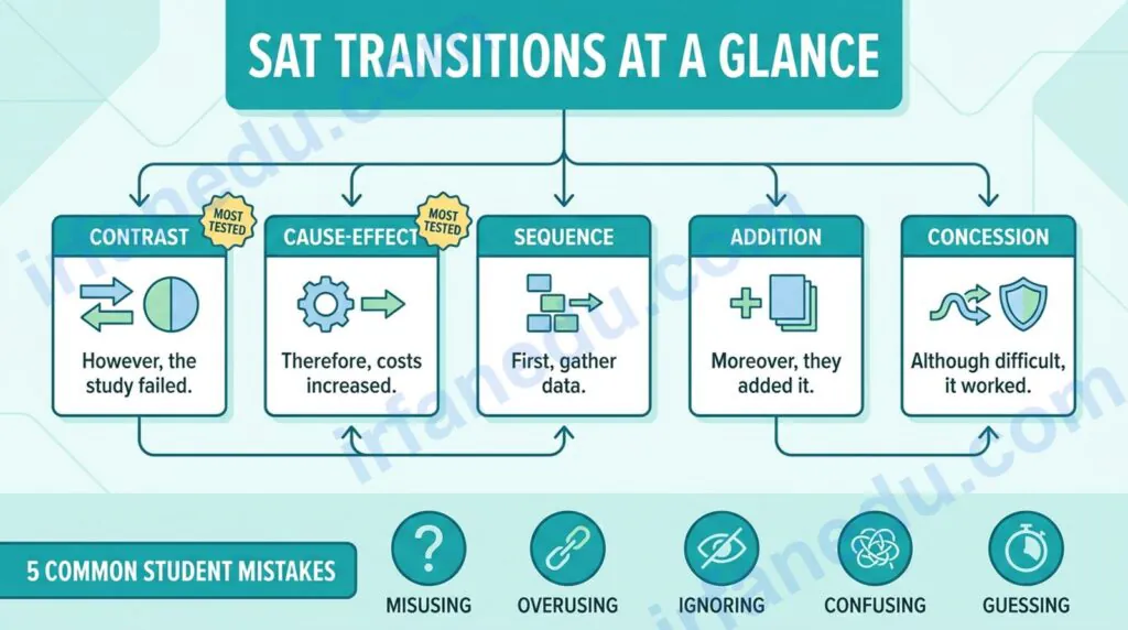 SAT transitions guide showing transition word categories and examples on a teal-accented study chart
