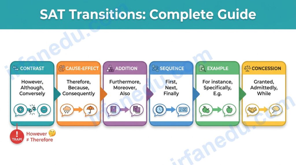 SAT transitions guide showing 6 types of transition words with color-coded examples for test prep students