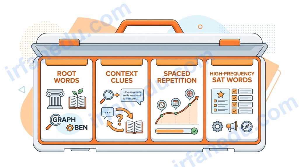 SAT vocabulary practice strategies including root words, context clues and spaced repetition study methods for students