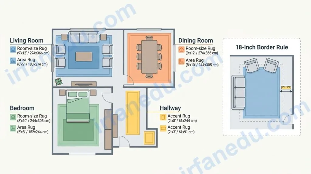 Standard rug measurements chart showing common rug sizes from 2x3 to 12x15 feet with room placement diagrams