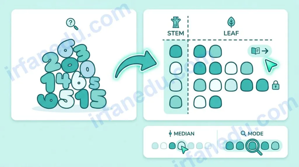 Stem and leaf plot generator tool showing a dataset split into stems and leaves on a teal-accented educational interface