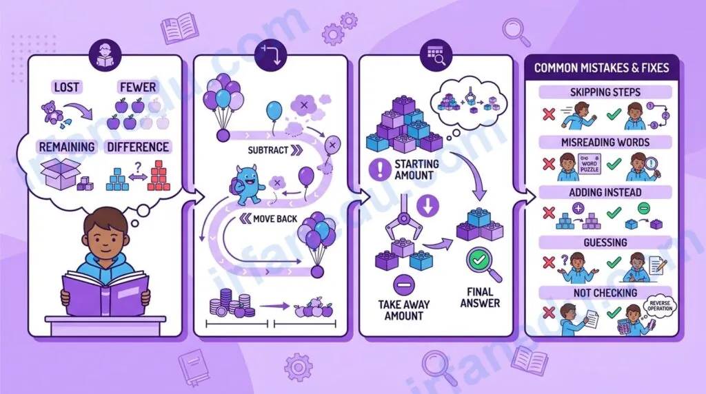 Subtraction word problems step-by-step guide with worked examples and visual solution diagram for students