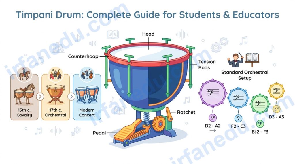 Timpani drum set in an orchestra pit showing copper bowls and pedal tuning mechanism close-up
