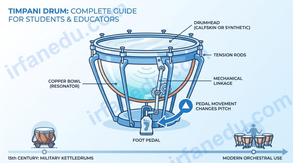 Timpani drum set on orchestral stage showing copper bowl pedal mechanism and drumhead up close