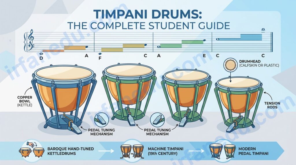 Timpani drums in an orchestra pit showing copper bowls, pedal tuning mechanism, and drumheads ready to play