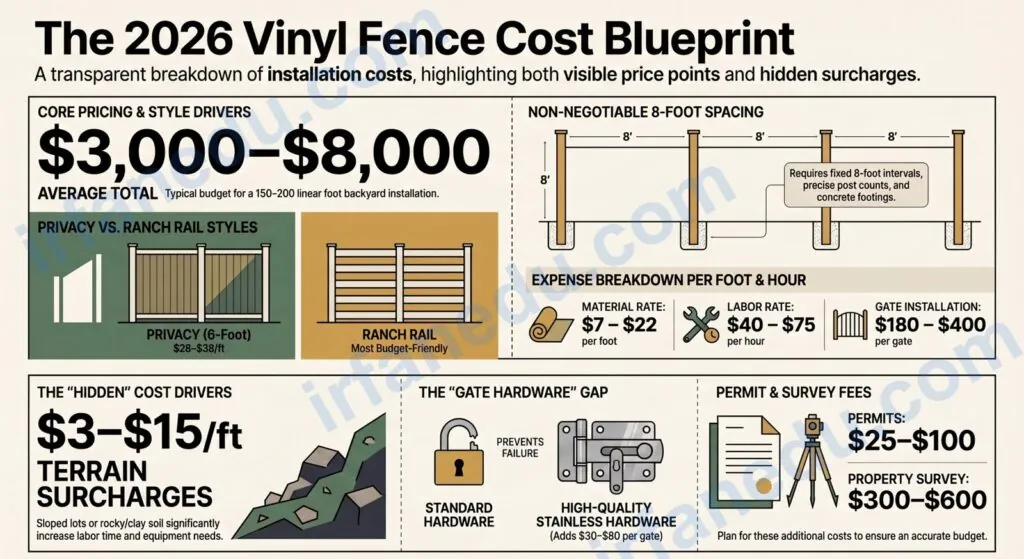 Vinyl fence installation cost calculator showing price breakdown for privacy fence with labor and materials