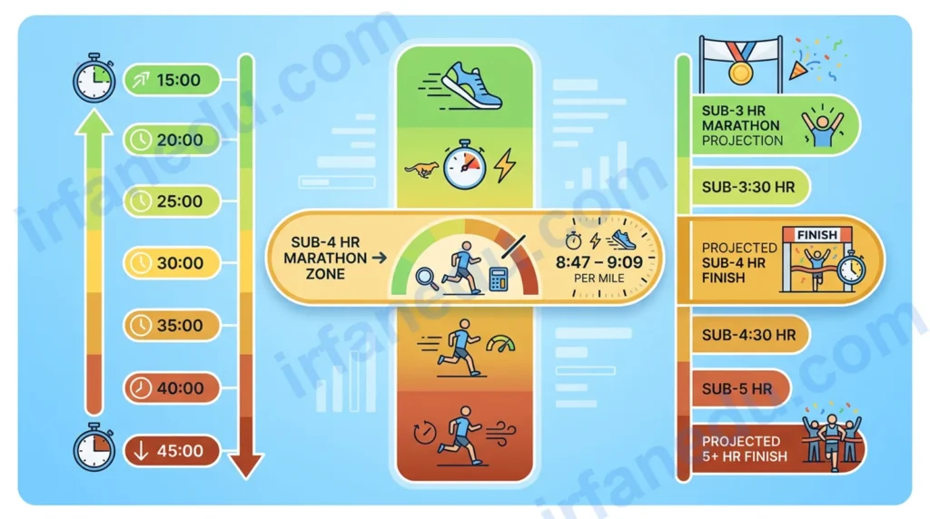 5K pace chart calculator showing per-mile pace and marathon finish time projections for US runners