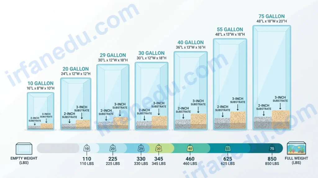 Aquarium sizes chart showing 10 gallon, 30 gallon and larger fish tank dimensions in inches with substrate depth guide