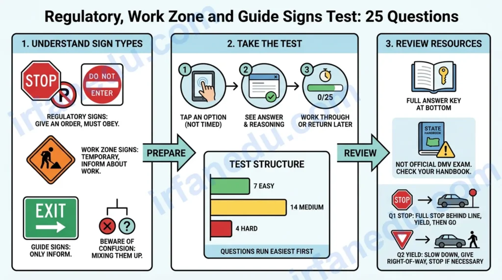 Regulatory, Work Zone and Guide Signs Test: 25 Questions