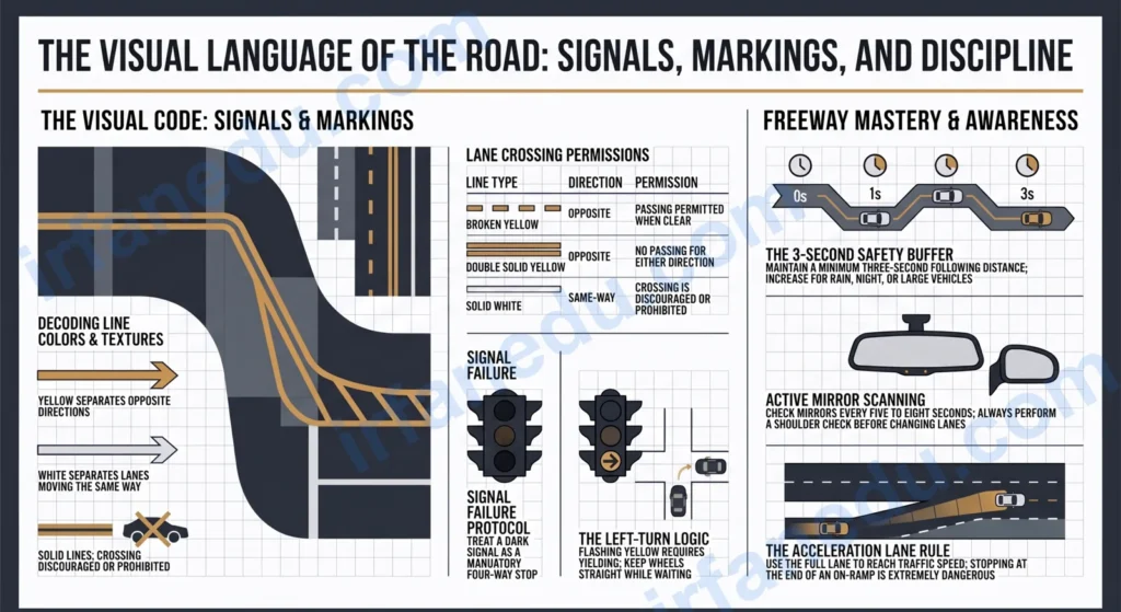 Traffic Rules and Signals Study Guide: Lights, Lane Markings and Freeway Driving