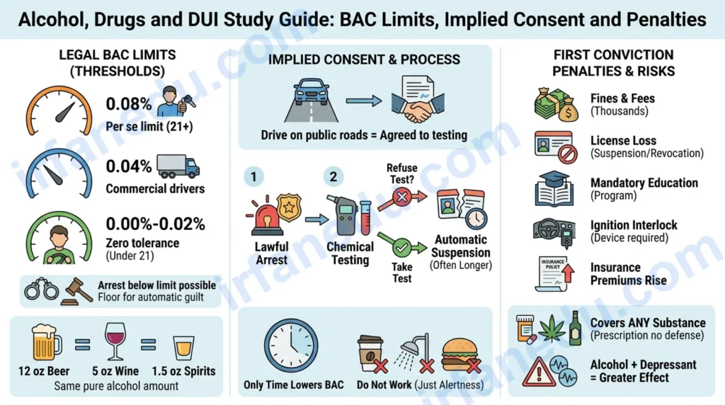 Alcohol, Drugs and DUI Study Guide: BAC Limits, Implied Consent and Penalties
