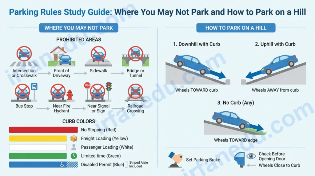 Parking Rules Study Guide: Where You May Not Park and How to Park on a Hill