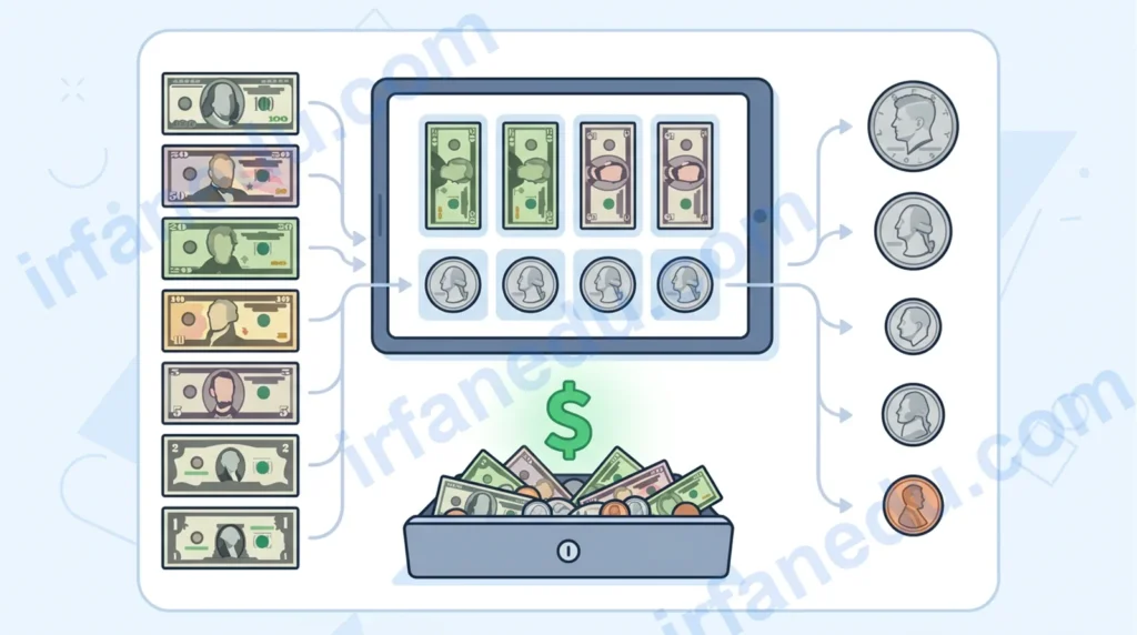 Cash calculator showing US dollar bills and coins with a digital total display on a clean white background