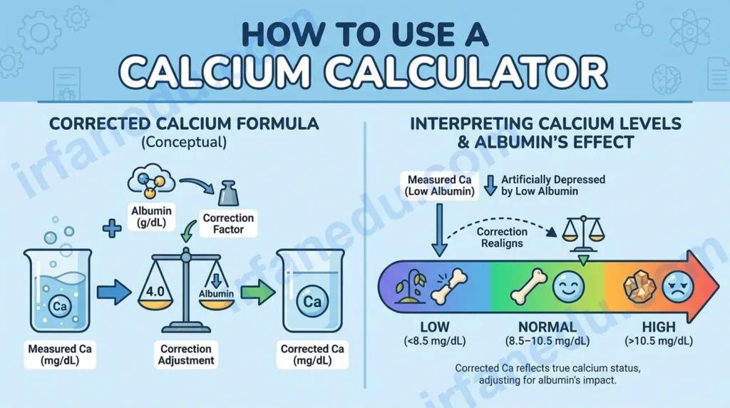 Corrected calcium calculator showing serum calcium and albumin input fields with result and formula on a clean medical dashboard