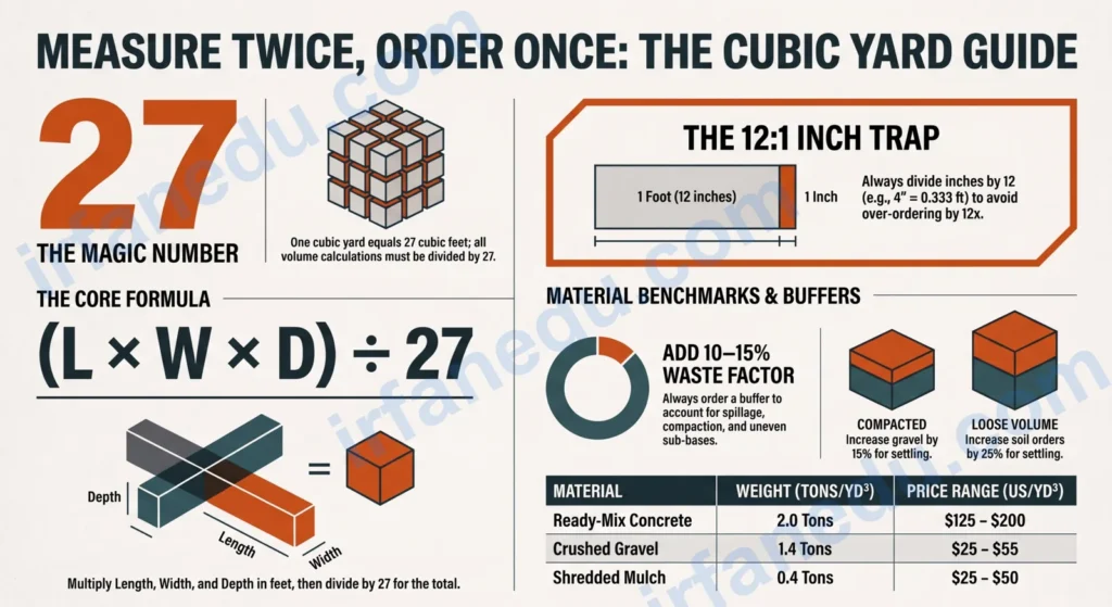Cubic yard calculator tool showing length width depth inputs with result in cubic yards for concrete and mulch projects