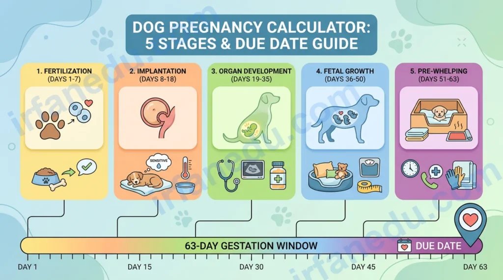 Dog pregnancy calculator showing canine gestation stages and due date on a timeline chart