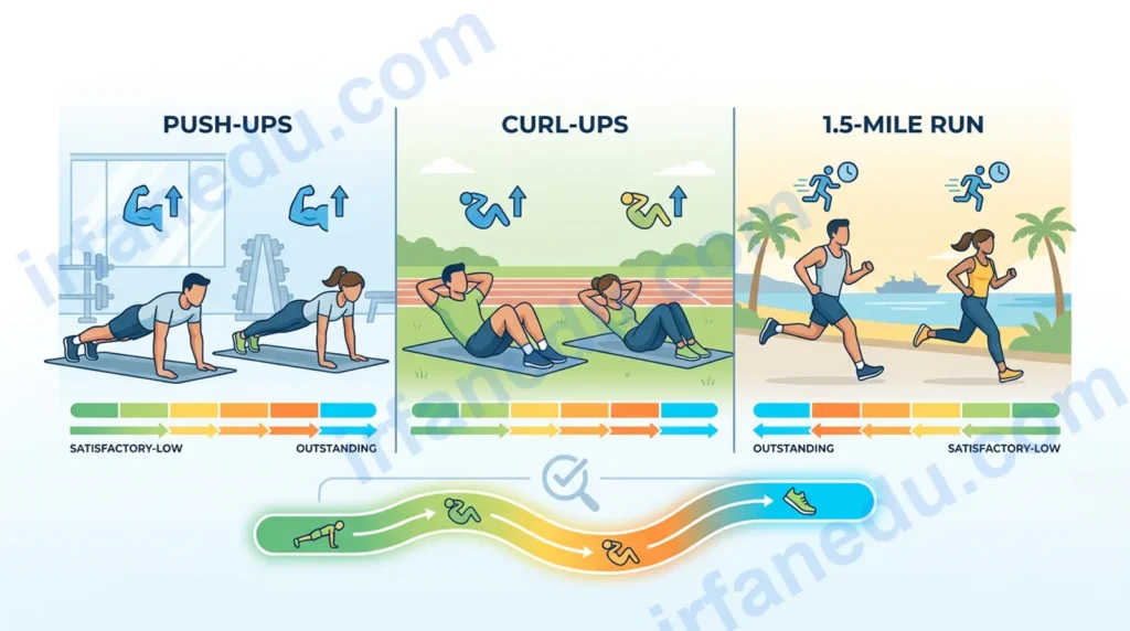 Navy PRT Calculator showing push-up curl-up and 1.5-mile run scoring chart by age group 2026