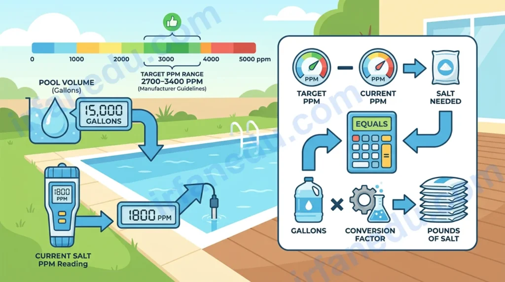 Pool salt calculator showing saltwater pool with salt bag and ppm meter, US backyard swimming pool