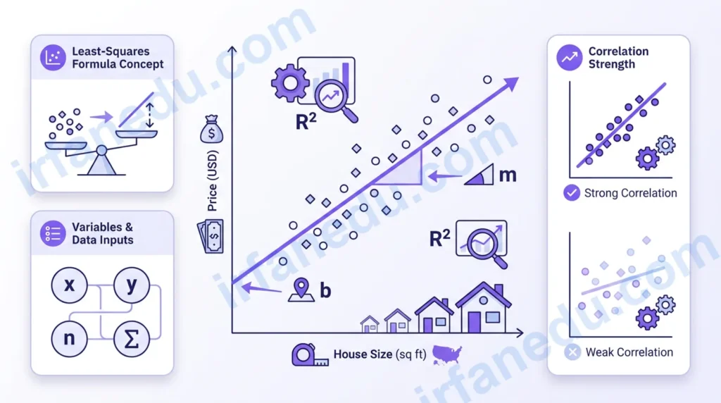 Regression calculator showing slope intercept R-squared and predicted value on a scatter plot diagram