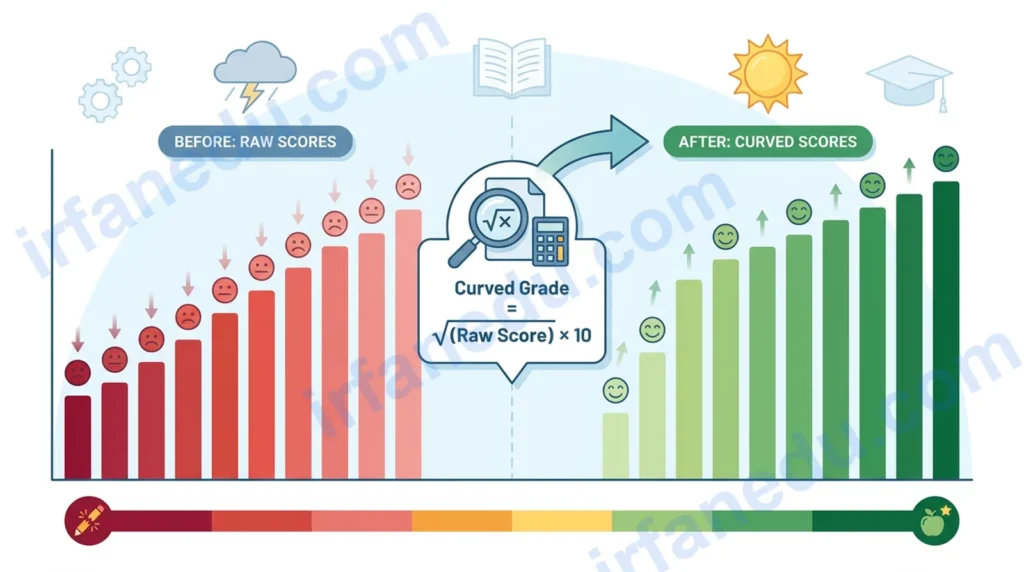 Square root curve calculator showing raw score converted to curved grade using square root formula on a clean interface