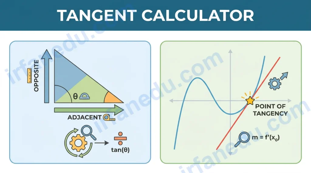 Tangent calculator showing tan(angle) and slope of tangent line with formula diagram on screen