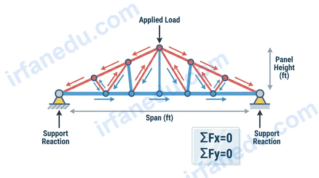 Truss calculator showing member force diagram with labeled joints, loads in pounds, and span in feet for a simple roof truss