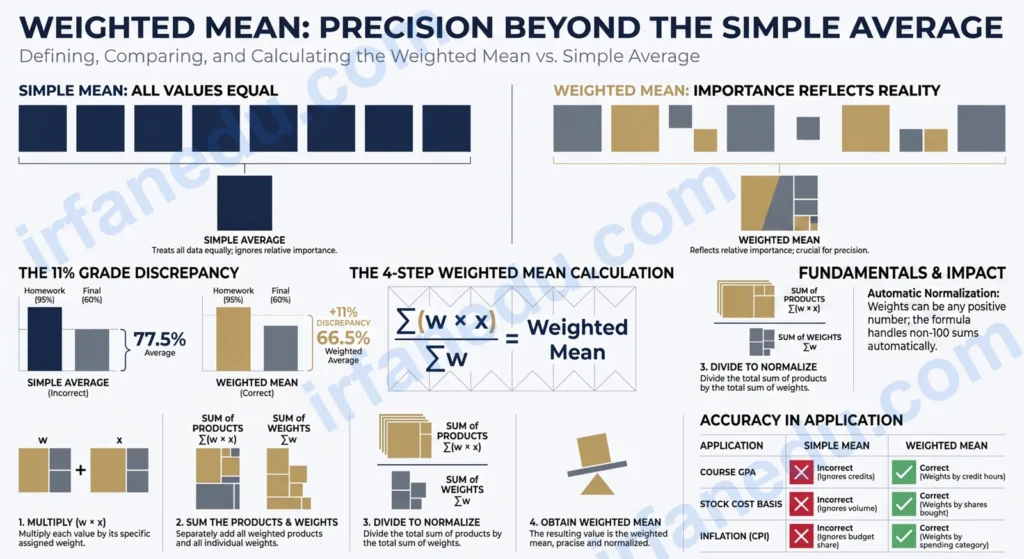 Weighted mean calculator showing formula and step-by-step solution on a clean math worksheet, US classroom style