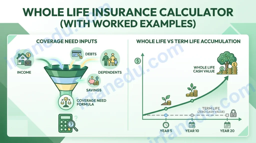 Whole life insurance calculator showing coverage amount, premium estimate, and cash value growth chart for US families
